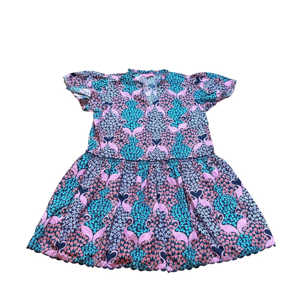 Simply Southern Dress Women Pink‎ Teal Flamingo Floral Drop Waist Boho SIZE M